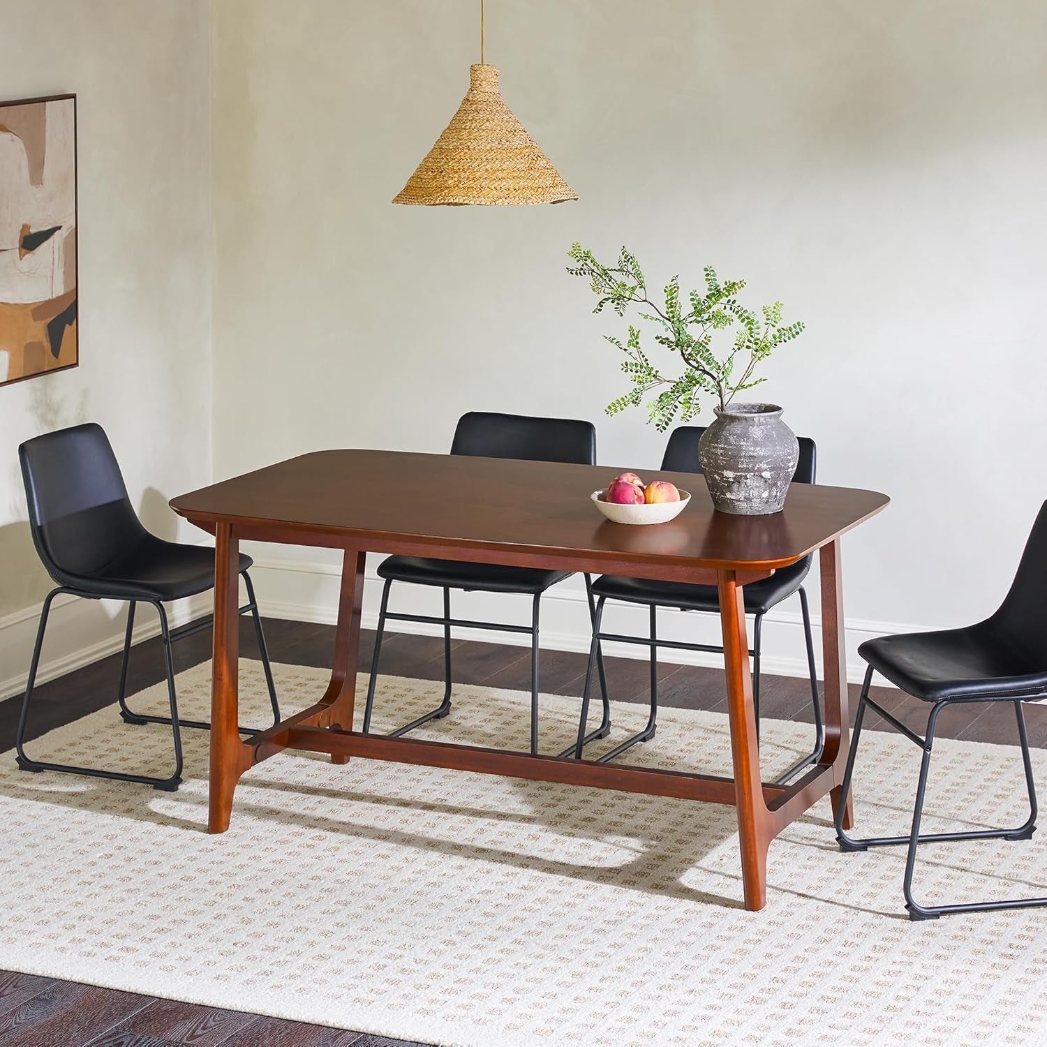 Mid-Century Modern Solid Wood Trestle Base Dining Table, 60 Inch, Walnut Veneer