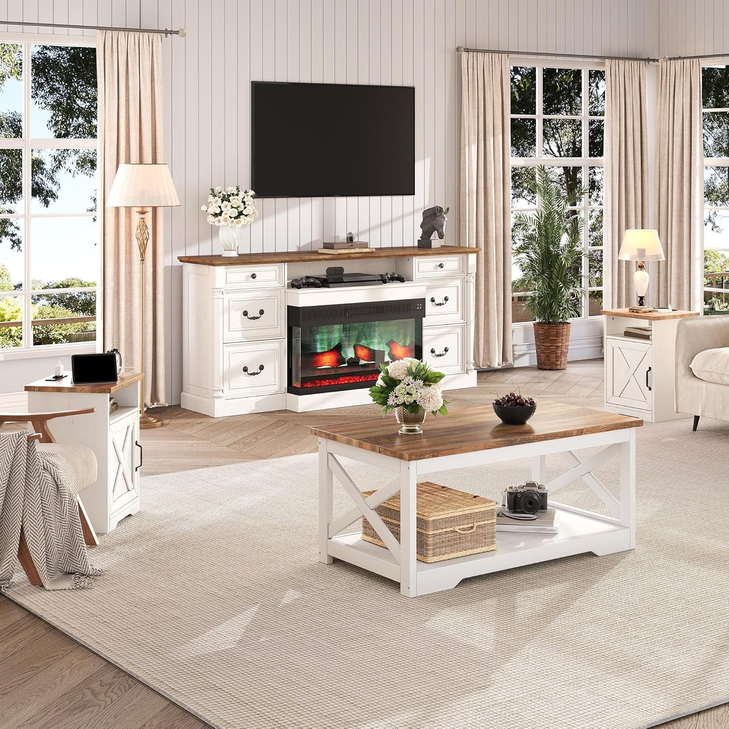 3-Piece Farmhouse Living Room Table Sets, Includes 1 X Coffee Table, 2 X End Tables with Charging Station & USB Ports, Rustic Coffee Table Set of 3, Distressed White