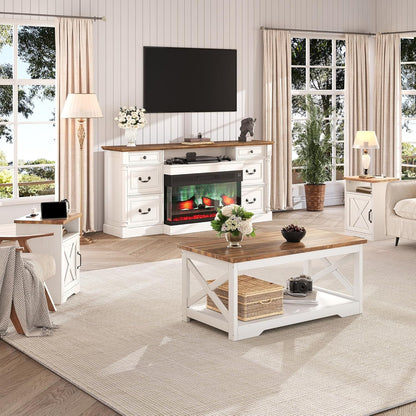 3-Piece Farmhouse Living Room Table Sets, Includes 1 X Coffee Table, 2 X End Tables with Charging Station & USB Ports, Rustic Coffee Table Set of 3, Distressed White