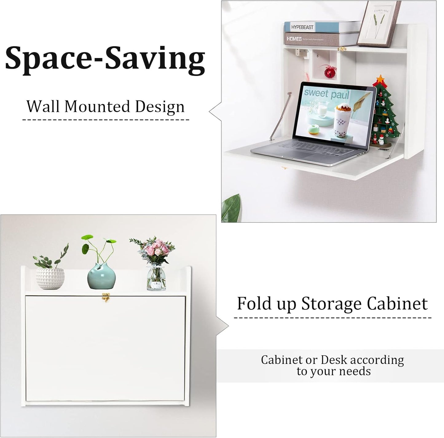 Wall Mounted Table, Multifunctional Fold down Wall Mounted Laptop Computer Desk with Storage Compartments for Home, Office, White