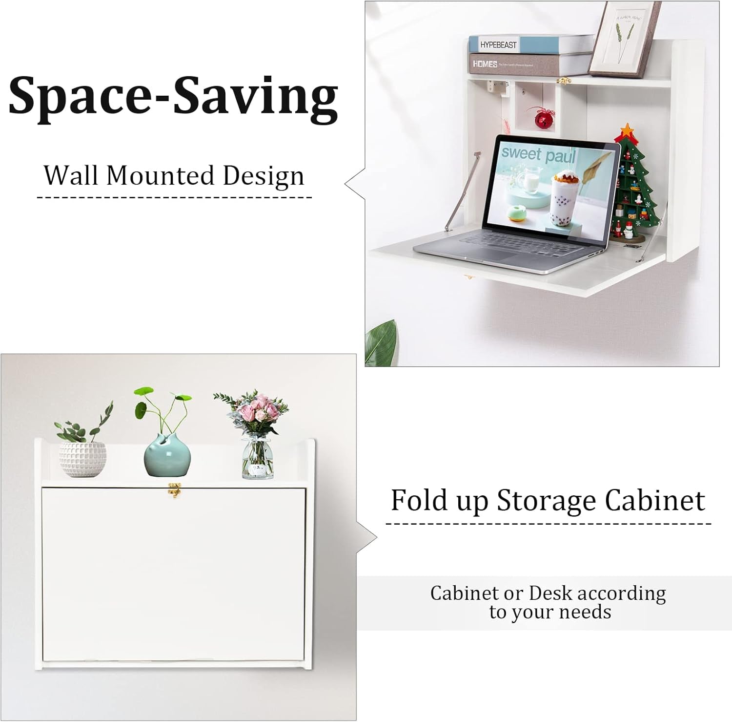 Wall Mounted Table, Multifunctional Fold down Wall Mounted Laptop Computer Desk with Storage Compartments for Home, Office, White