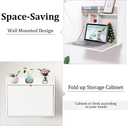 Wall Mounted Table, Multifunctional Fold down Wall Mounted Laptop Computer Desk with Storage Compartments for Home, Office, White