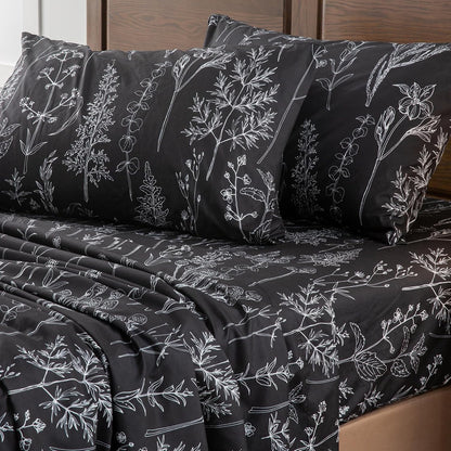 Grey Black Sheets King,Deep Pocket Sheets, 1800 Thread Count Pattrn Bed Sheets Soft Breathable Cute Printed Boho Farmhouse Bed Sheets, Oeko-Tex Certificated- up to 18 Inch