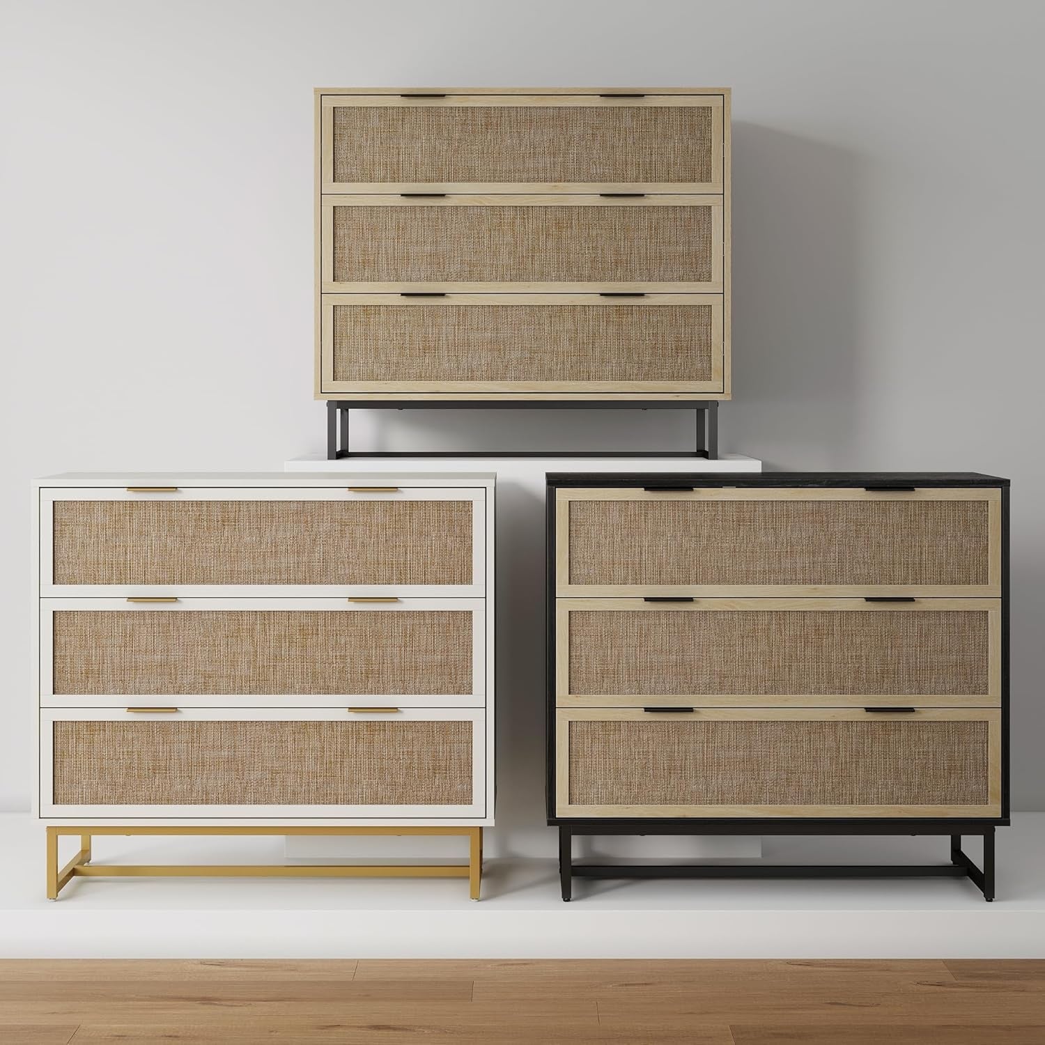 Kova Boho Dresser or Storage Cabinet with Drawers for Bedroom or Nursery with Textilene Rattan Accent and Metal Legs, Black Oak