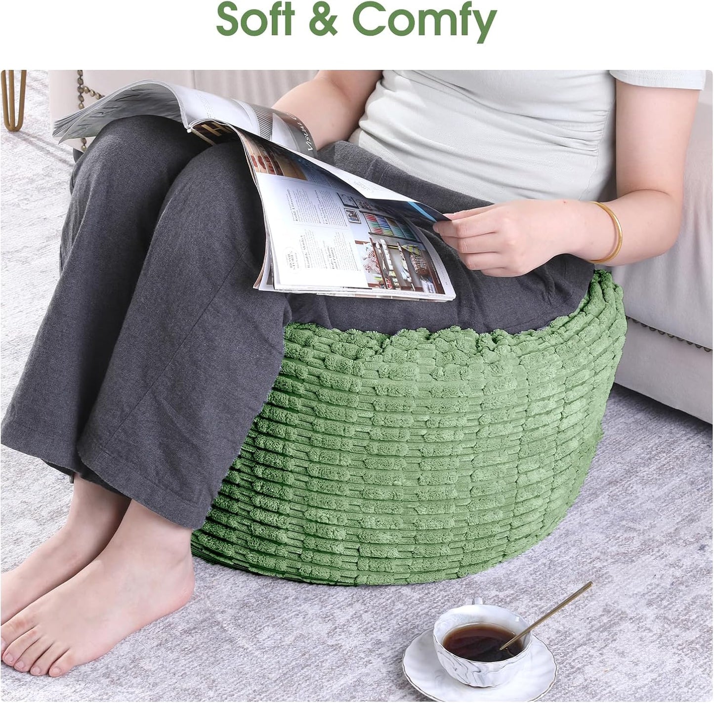 Unstuffed Ottoman Pouf Cover,Round Faux Fur Foot Stool, Fuzzy Chair, Floor Bean Bag(No Filler),Foot Rest with Storage for Living Room, Bedroom, Office, Striped Tufted (Sage Green)