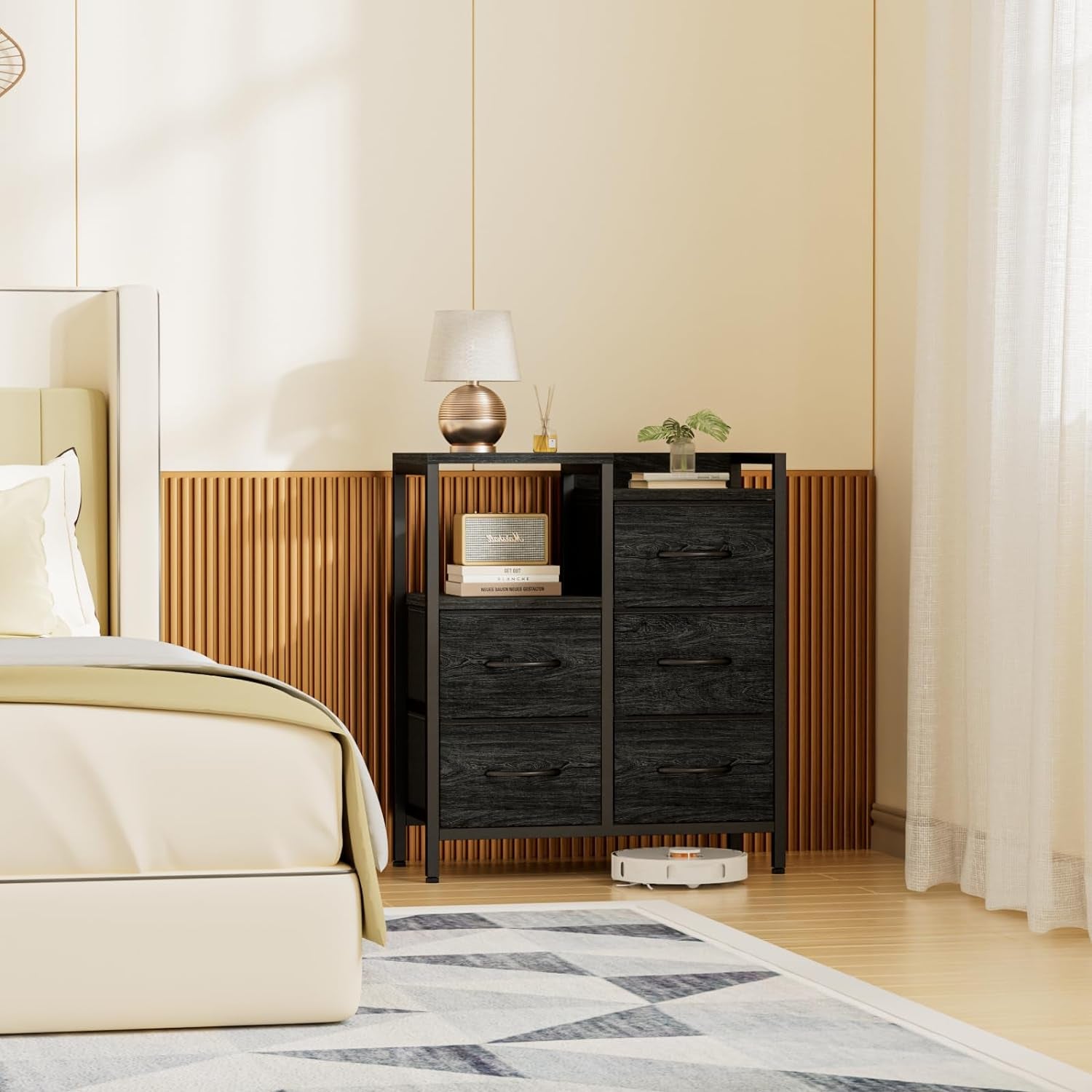 5 Drawer Black Dressers for Bedroom 2 Tier Shelf Storage Small Fabric Dresser for Closet Sturdy Metal Frame Modern Style Storage Cabinets Organization Units for Hallway Rooms