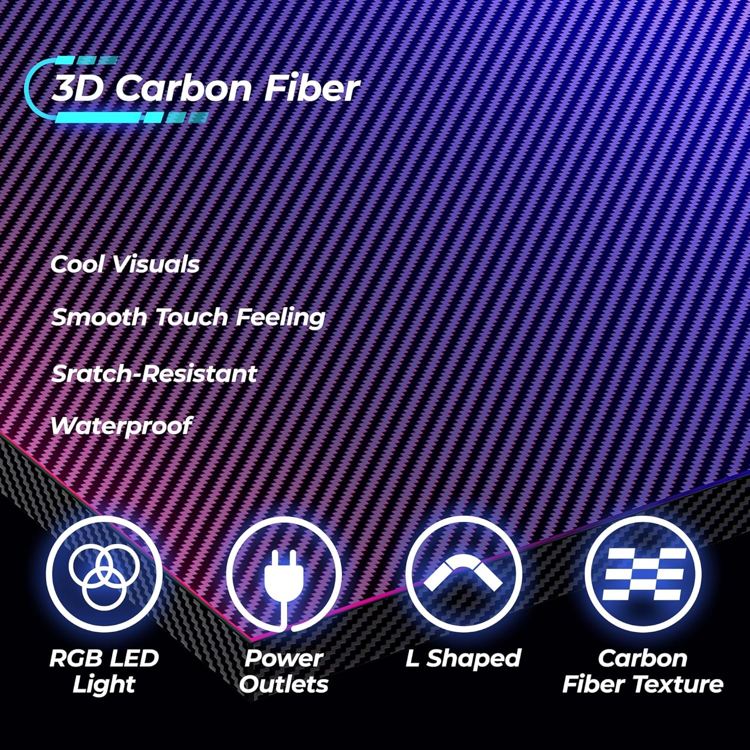 L Shaped Gaming Desk with Power Outlets & LED Lights, Computer Desk with Monitor Shelves, Carbon Fiber Surface, Home Office Desk, Corner Gaming Desk with Hooks, Carbon Fiber Black