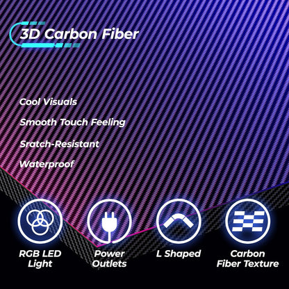 L Shaped Gaming Desk with Power Outlets & LED Lights, Computer Desk with Monitor Shelves, Carbon Fiber Surface, Home Office Desk, Corner Gaming Desk with Hooks, Carbon Fiber Black