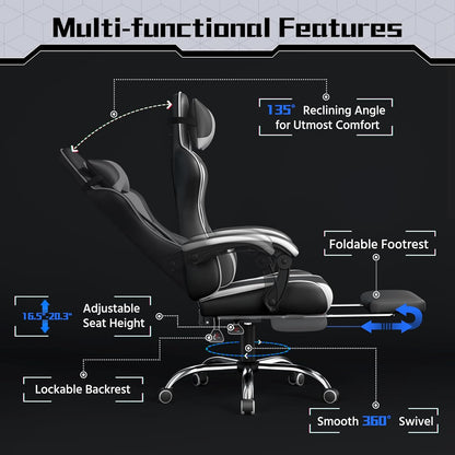 Gaming Chair, Video Game Chair with Massage Lumbar Support and Footrest Height Adjustable Ergonomic Computer Gaming Chair with Swivel Seat and Headrest, Black/White