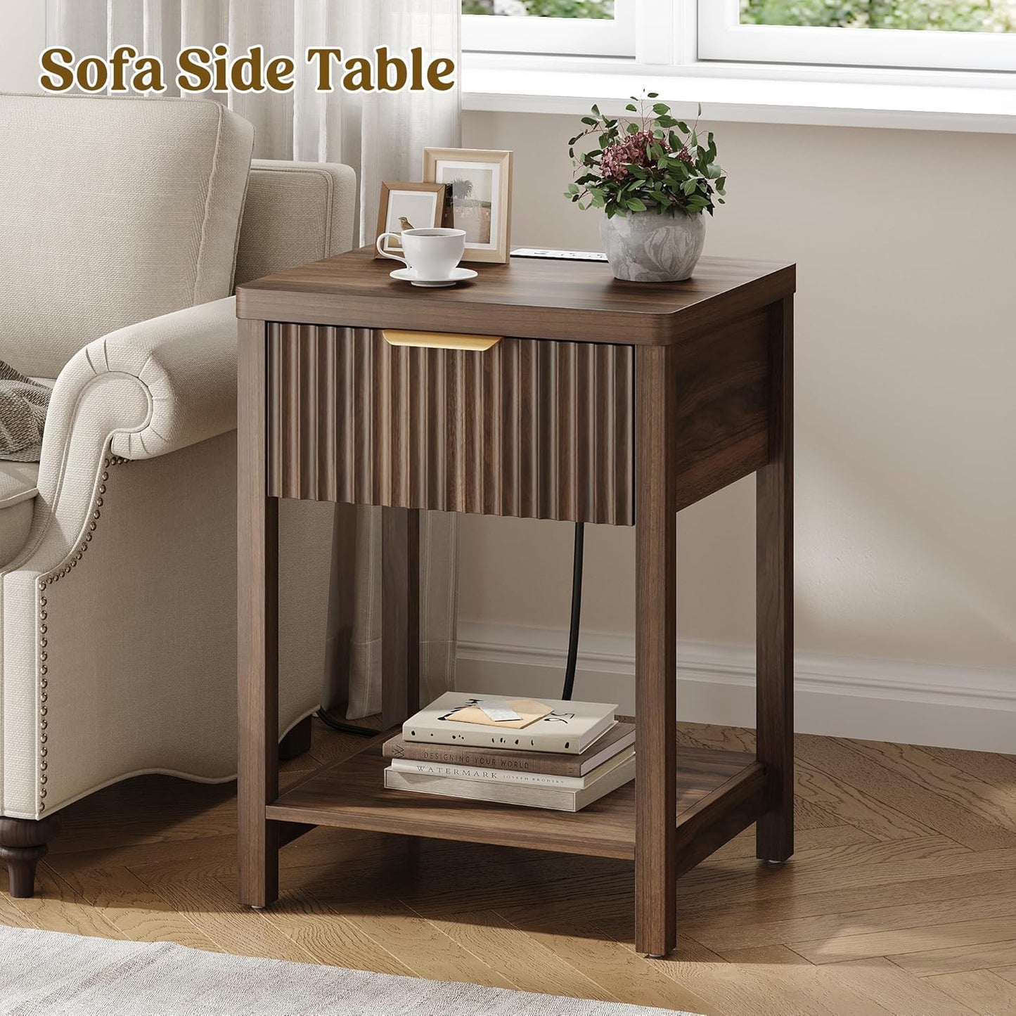 Night Stand Set 2, Fluted Nightstand with Charging Station, Wood Modern Bedside End Table with Storage Drawer for Bedroom, save Space (Set of 2, Walnut)