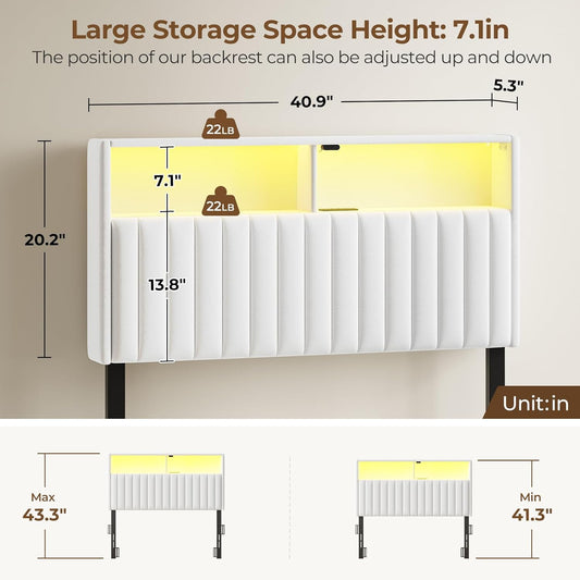 Headboard for Twin Size Bed with Storage, Velvet Upholstered Head Board with USB & Type C Port, 60,000 DIY Color of LED Light Height Adjustable, Sturdy, Easy Assembly, White