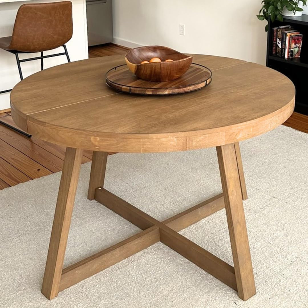 round Dining Table, 47 Inch Solid Wood Kitchen Table, Farmhouse round Table for 4, Small Dinette Table, Pecan Wirebrush