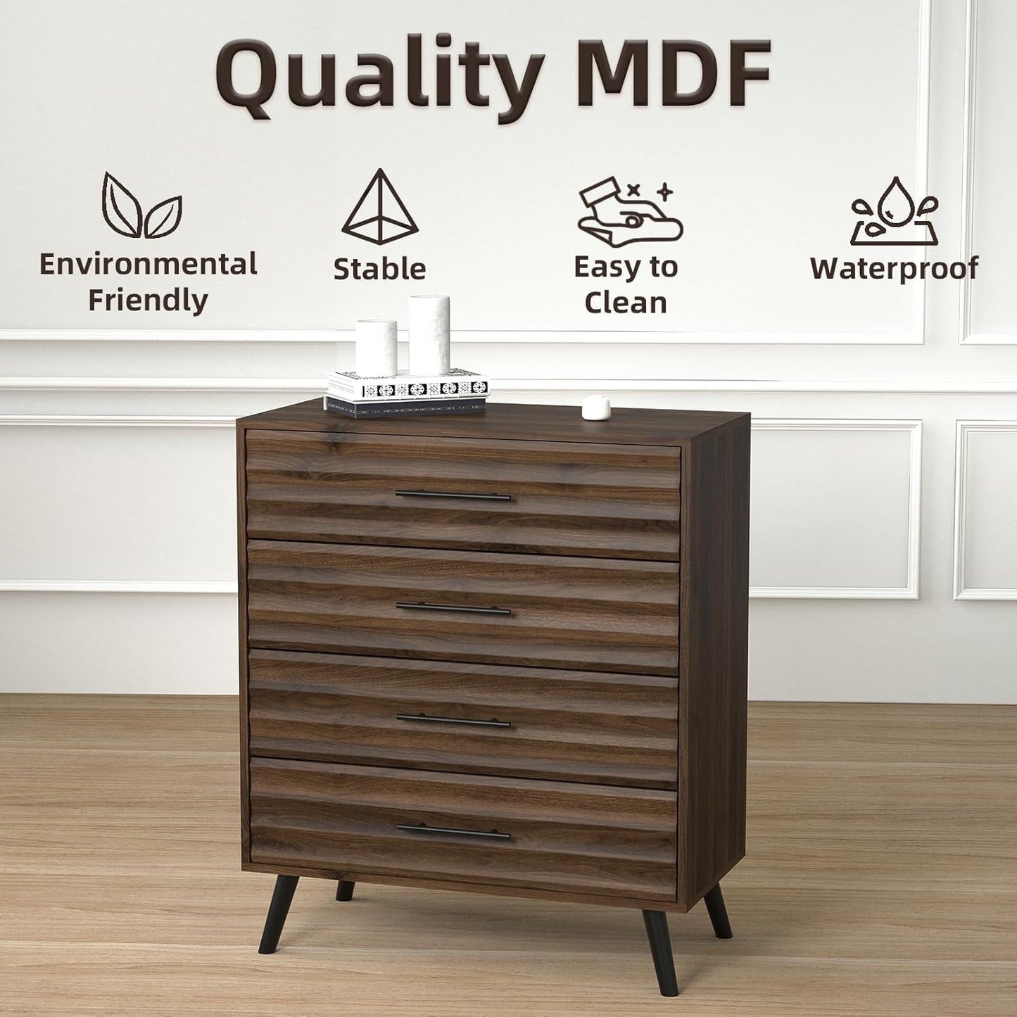 4 Drawers Dresser for Bedroom, Walnut Chest of Drawers with Large Storage Capacity, Wooden Storage Dresser Organizer for Bedroom Nursery Living Room Hallway Closet(4-Drawer)