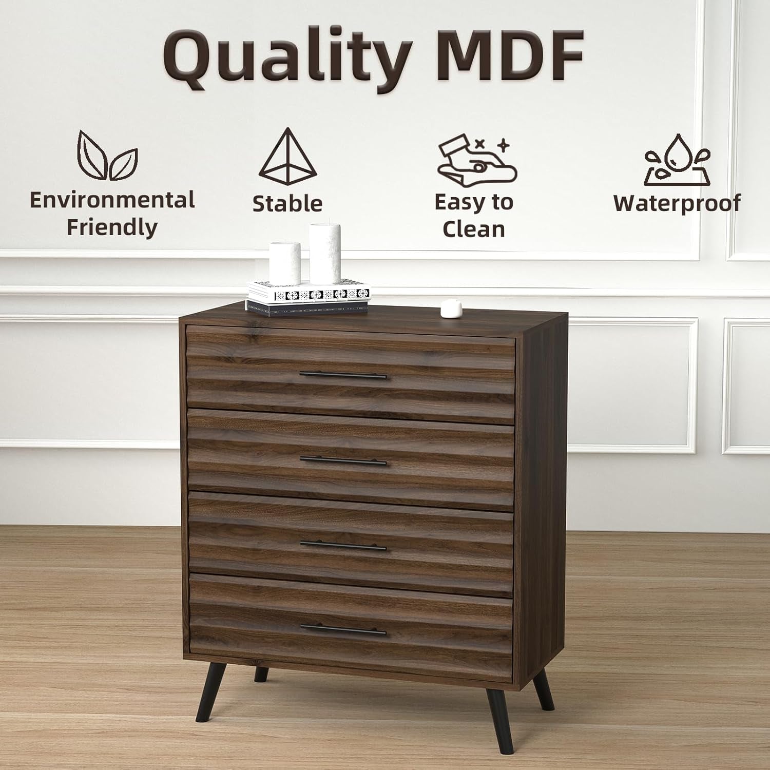 4 Drawers Dresser for Bedroom, Walnut Chest of Drawers with Large Storage Capacity, Wooden Storage Dresser Organizer for Bedroom Nursery Living Room Hallway Closet(4-Drawer)