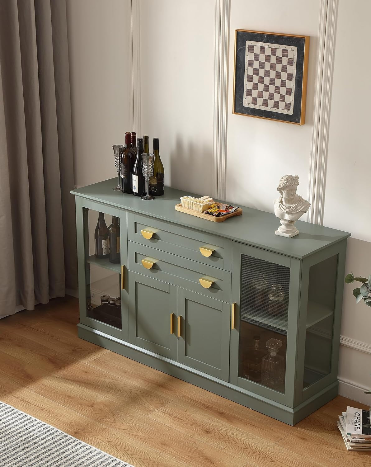 58.27'' Buffet Cabinet with 2 Drawers and Adjustable Shelves,Large Glass Door Coffee Bar Cabinet,Modern Farmhouse Sideboard Credenza for Kitchen,Green