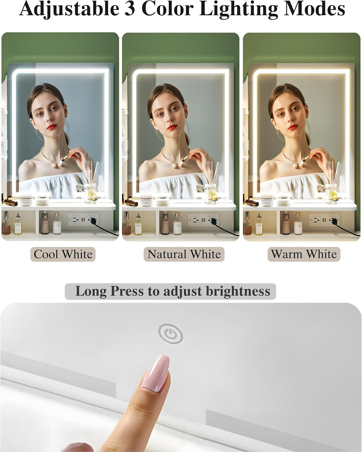 Makeup Vanity Desk with Mirror and Lights, Small Vanity with Fabric Storage Drawer & Chair & Shelves, White Vanity with Fold-Up Panel and Power Outlet for Bedroom