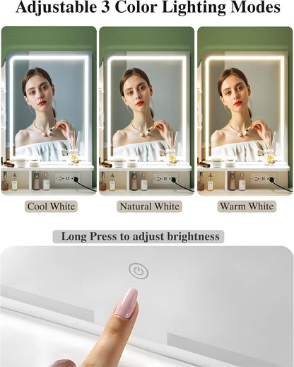 Makeup Vanity Desk with Mirror and Lights, Small Vanity with Fabric Storage Drawer & Chair & Shelves, White Vanity with Fold-Up Panel and Power Outlet for Bedroom