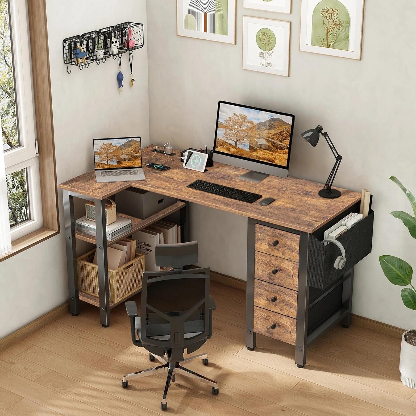 L Shaped Desk with Drawers & Storage Shelves, 47 Inch Small Reversible Corner Desk with Power Outlet for Home Office Bedroom, L-Shaped Gaming PC Computer Desks with Fabric Drawer, Rustic Brown