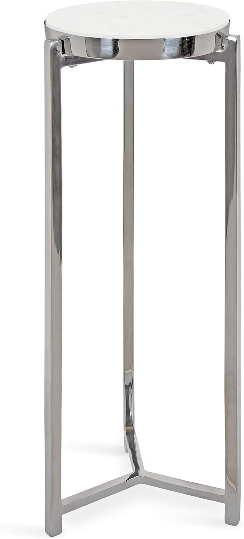 Aguilar Glam round Drink Table, 8 X 8 X 23, Silver and White, Small Accent Table for Use as Plant Pedestal Stand with Marble Tabletop