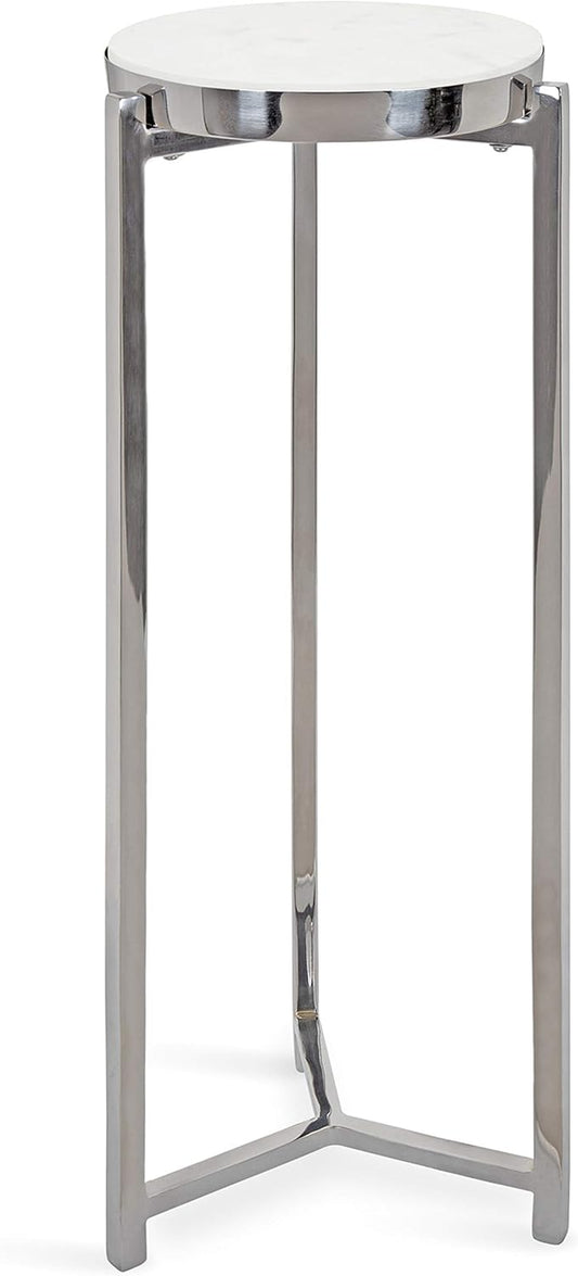 Aguilar Glam round Drink Table, 8 X 8 X 23, Silver and White, Small Accent Table for Use as Plant Pedestal Stand with Marble Tabletop