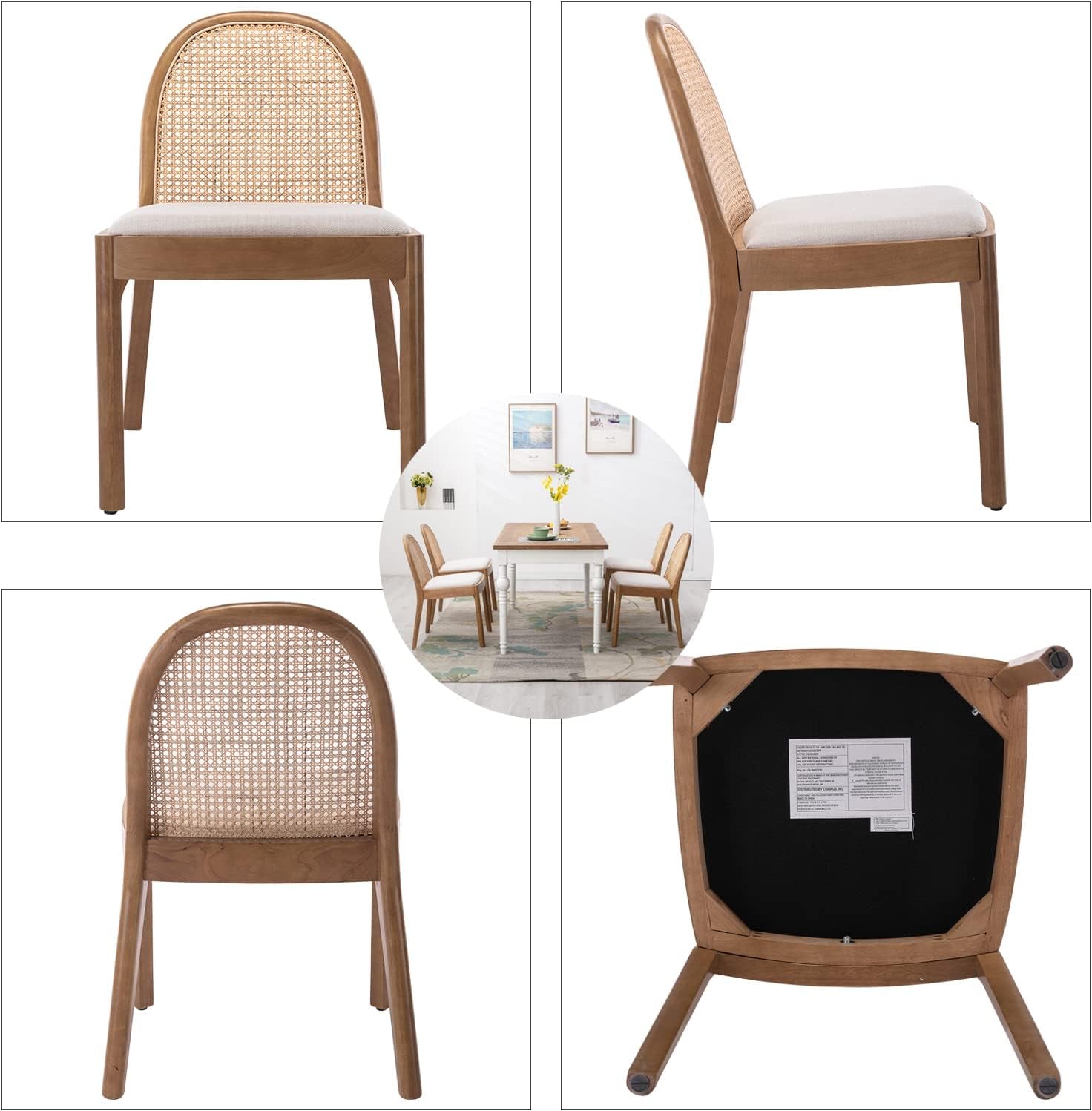 Mid-Century Modern Rattan Dining Chairs Set of 2, Wooden Dining Room Chair with Cane Backrest and Padded Seat, Linen Upholstered Dining Chair, Natural Finish, Beige