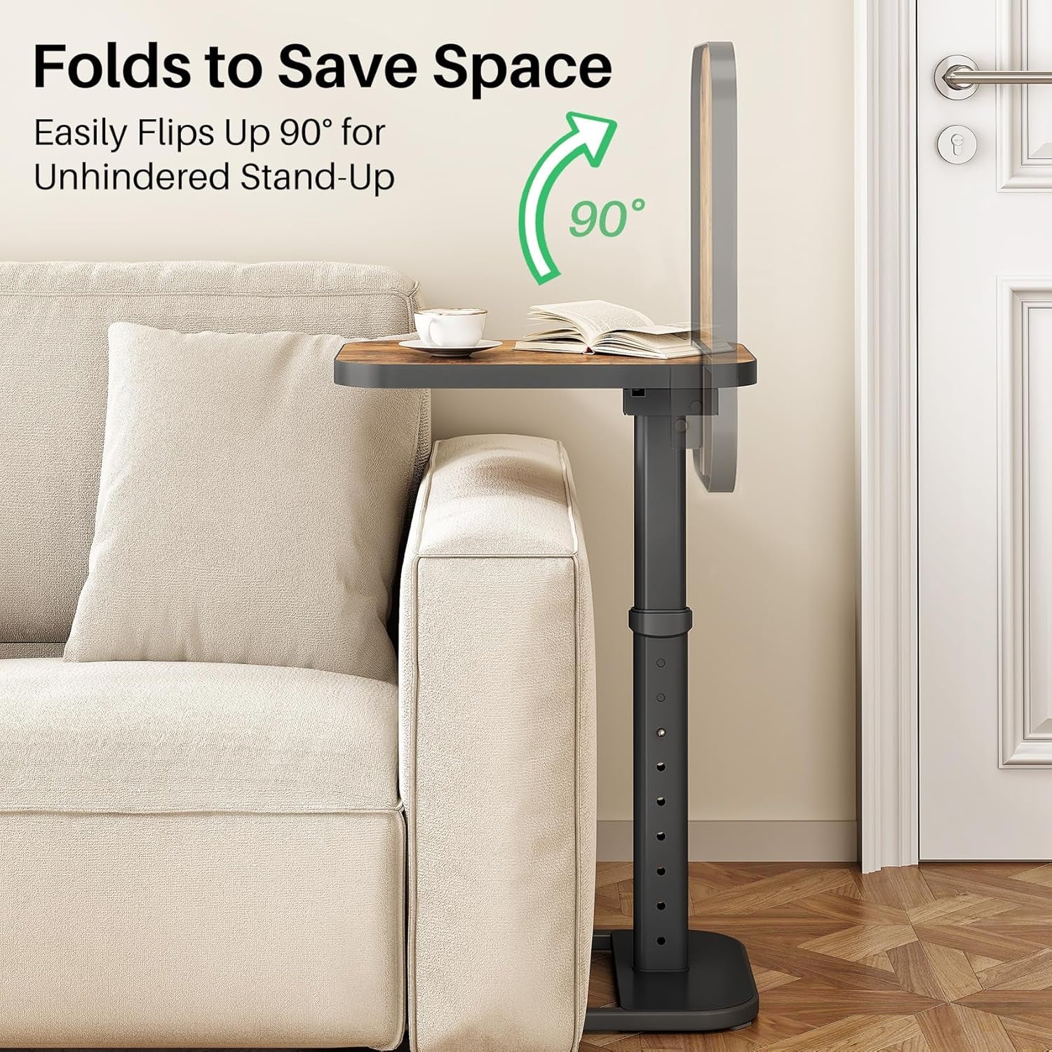 TV Tray Table, Adjustable Height & Flip-Top & Rounded Metal Corners, Snack Table for Couch, Sofa, Bed, Chair, Living Room, C Shaped End Side Table for Eating, Dinner or Laptop, Small Spaces