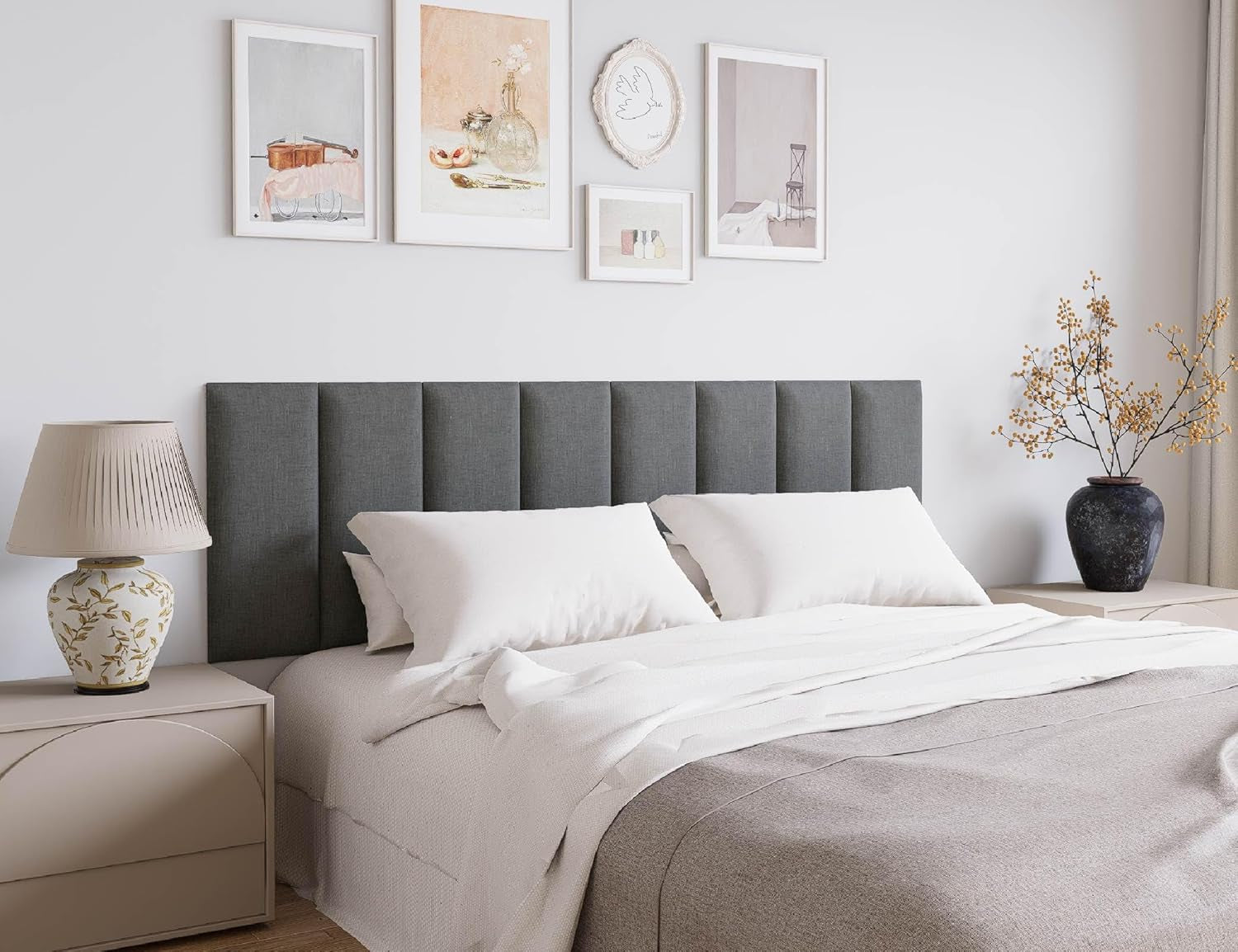 Peel and Stick Upholstered Wall Mounted Headboard Queen Size, 9 Panels Tufted Fabric Headboard,Wall Mounted Headboards, Interior Wall Panels for Bedroom, 10"X24" Dark Grey