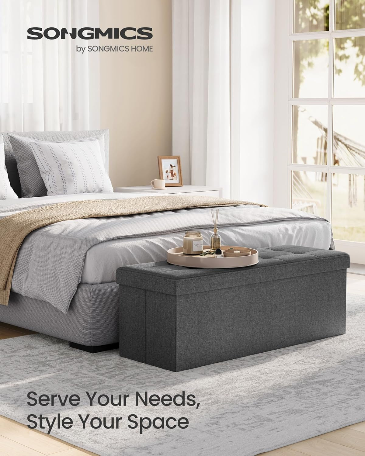 MAZIE Collection - 43 Inches Folding Storage Ottoman Bench, Ottoman Foot Rest, End of Bed Bench, Storage Chest, Load 660 Lb, for Living Room, Bedroom, Entryway, Dark Gray ULSF77K
