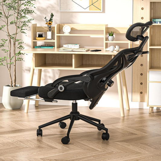 Ergonomic Office Chair with Footrest - Adjustable Lumbar Support & Headrest, 90-160° Reclining Mesh Back Computer Chair - Home Office/Gaming, 350Lbs Capacity