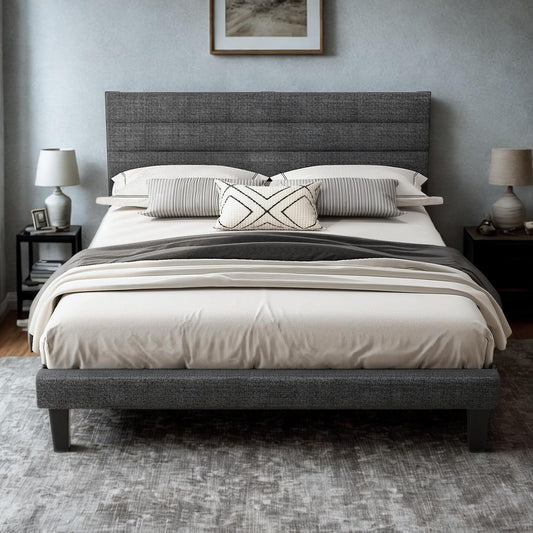 Platform Bed Frame Queen Size with Linen Fabric Headboard,Modern Panel Low Profile Bed with Upholstered & Sturdy Slats Support for Bedroom, Mattress Foundation, Dark Gray