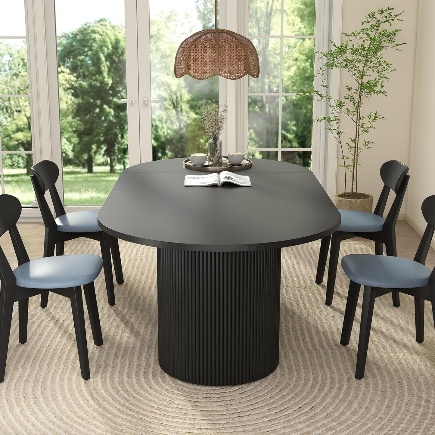 41 In-78 in Extendable Dining Room Table for 4-8, round Expandable Kitchen Table with Fluted Base, Modern Oval Dinner Tables for Dining Room Kitchen Living Room (Black)