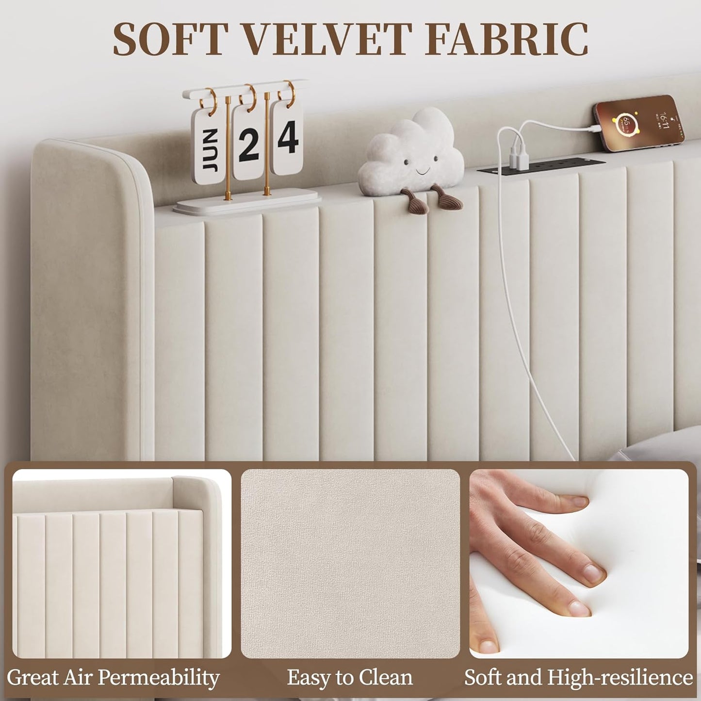 Queen Bed Frame with USB Charging Station and Storage Shelf/Upholstered Headboard Platform Bed with Wing Side/Wooden Slats Support/Noise Free/No Box Spring Needed/Easy Assembly, Ivory