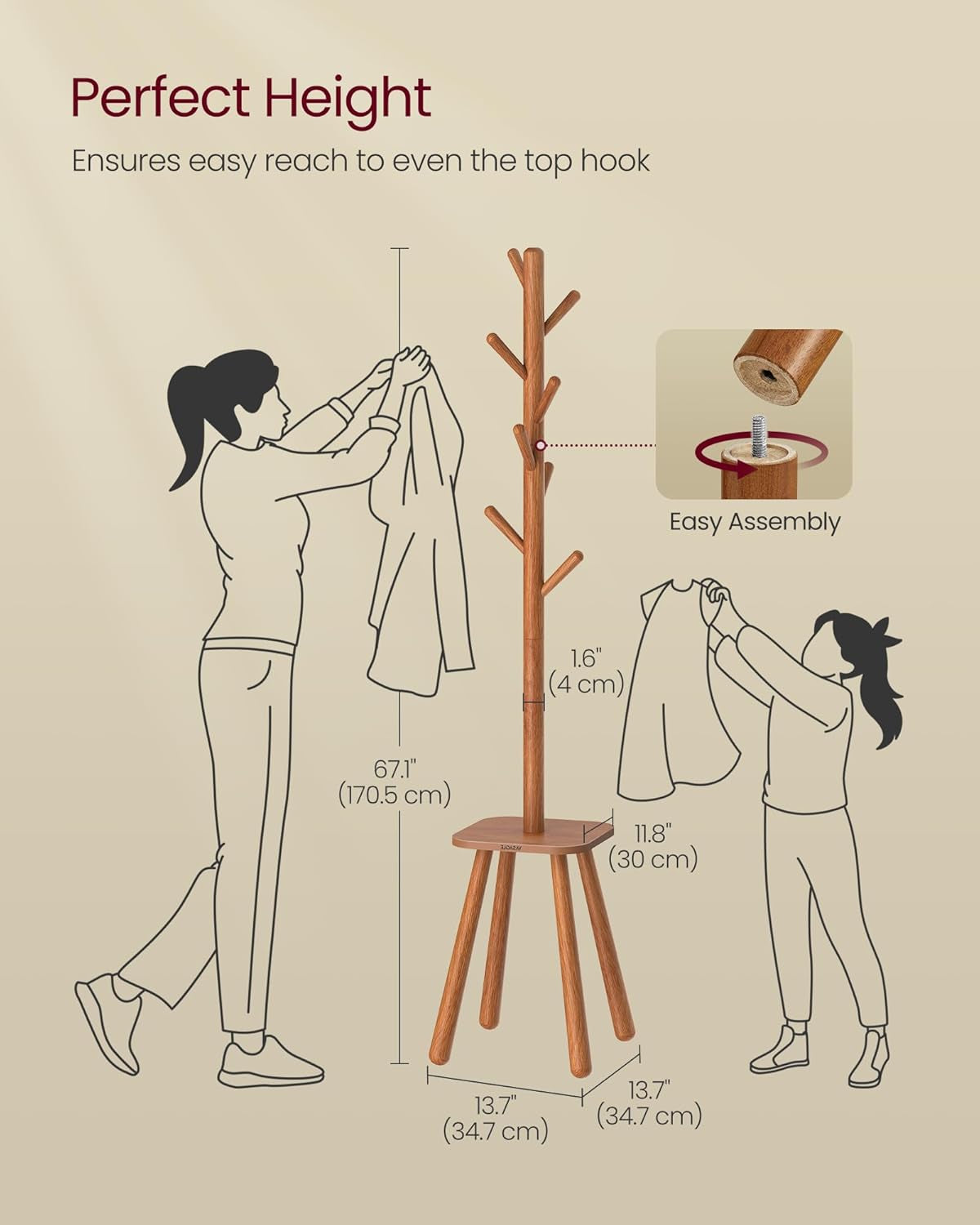 Coat Rack, Free Standing Coat Stand, Hall Coat Tree with 8 Hooks and Storage Shelf, 67.1 Inch Tall, for Coats, Hats, Bags, for Entryway, Hallway, Bedroom, Caramel Brown URCR033K01