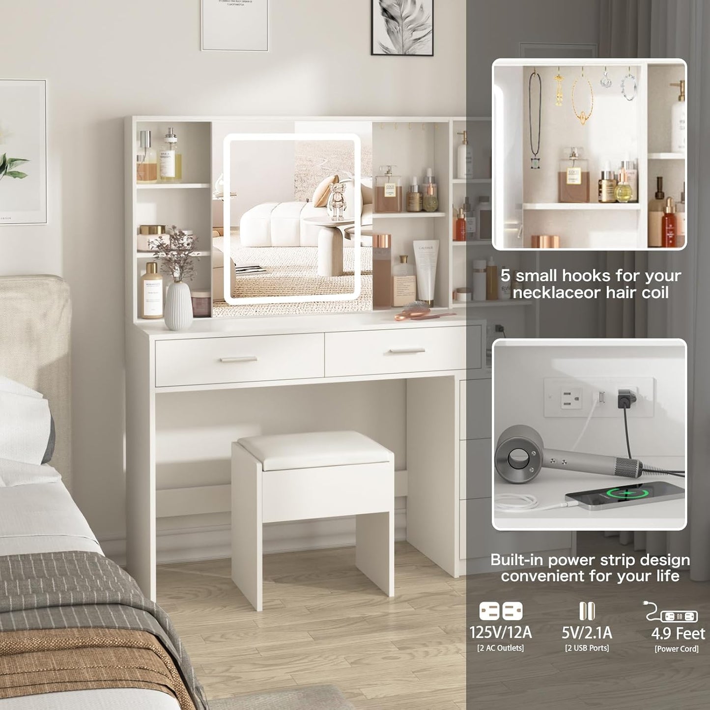 Vanity Desk with Mirror and Lights, Makeup Vanity with 5 Drawers, Makeup Desk with Charging Station and Ample Storage, Dressing Table with Chair for Bedroom Room (White)
