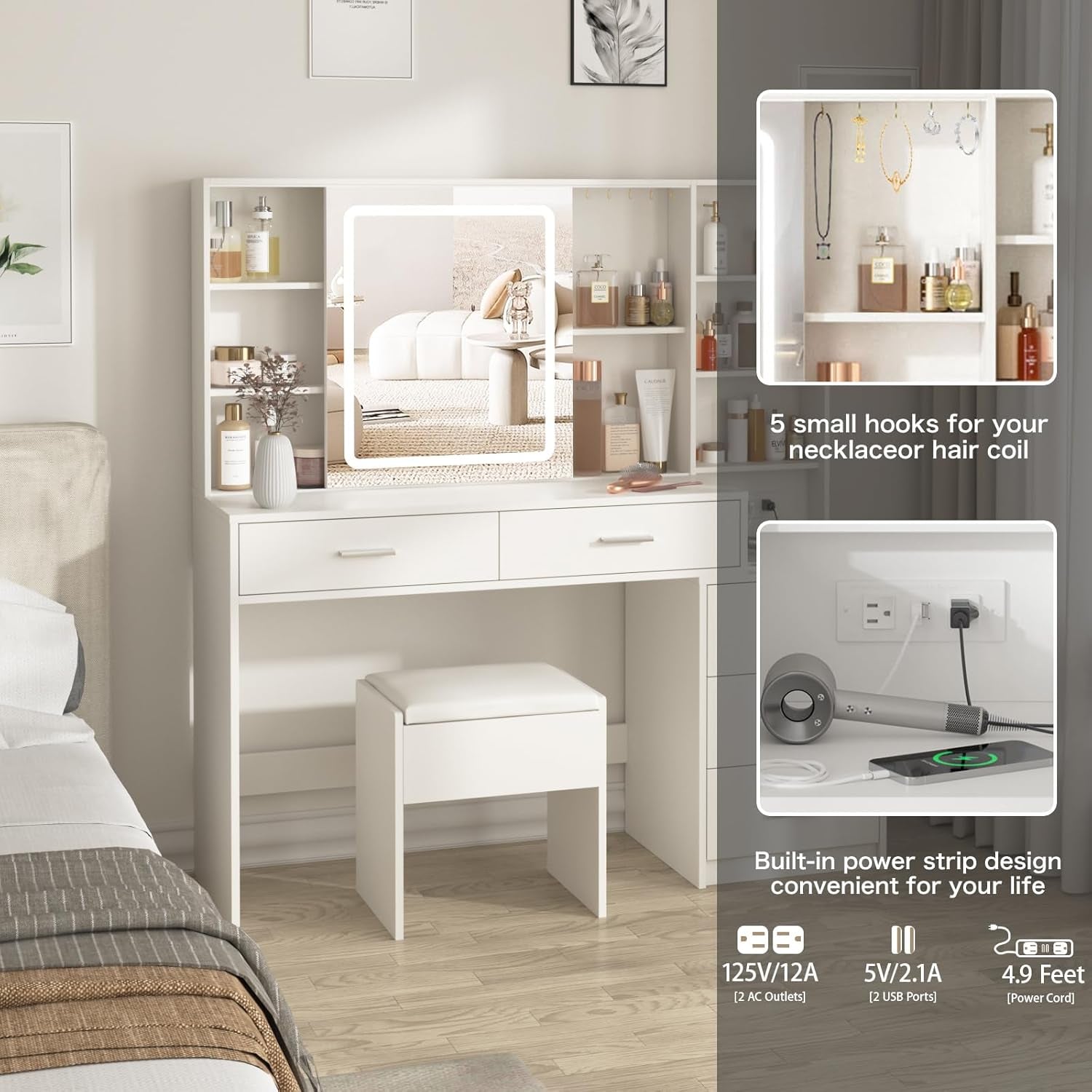 Vanity Desk with Mirror and Lights, Makeup Vanity with 5 Drawers, Makeup Desk with Charging Station and Ample Storage, Dressing Table with Chair for Bedroom Room (White)