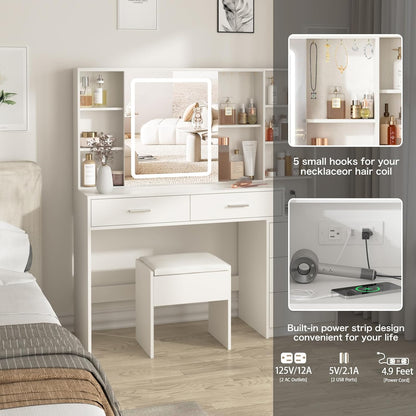 Vanity Desk with Mirror and Lights, Makeup Vanity with 5 Drawers, Makeup Desk with Charging Station and Ample Storage, Dressing Table with Chair for Bedroom Room (White)