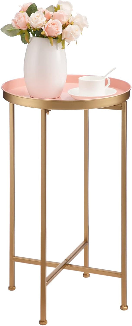 Small round Metal End Table, Accent Indoor&Outdoor Coffee Side Table, Snack Sofa Table for Living Room, Anti-Rust Decorative Plant Stand, (D) 14.5" X(H) 25", Gold&Pink