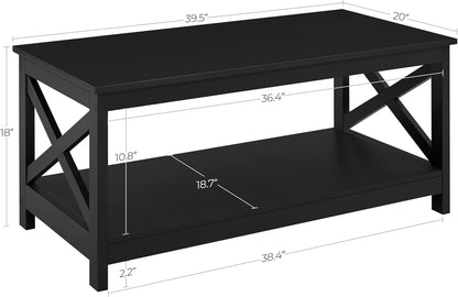 Wood 2-Tier Black Coffee Table with Storage Shelf for Living Room, X Design Accent Cocktail Table, Easy Assembly Home Furniture, 39.5 X 20 X 18 Inches