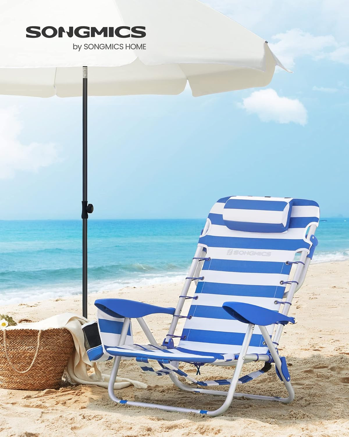 Portable Backpack Beach Chair, 331 Lb Capacity, 4 Angles Adjustable Backrest, 2 Side Pockets, Towel Bar, Blue and White UGCB62BU