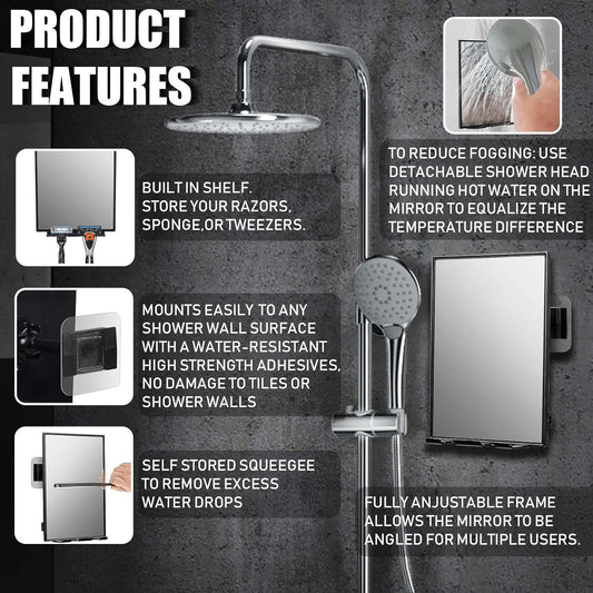 Shower Mirror for Shaving with 2 Replaceable Adhesive - Two Razor Holder, 360°Rotation Adjustable Shaving Mirror with a Squeegee, Bathroom Razor Holder(Not Fogless)