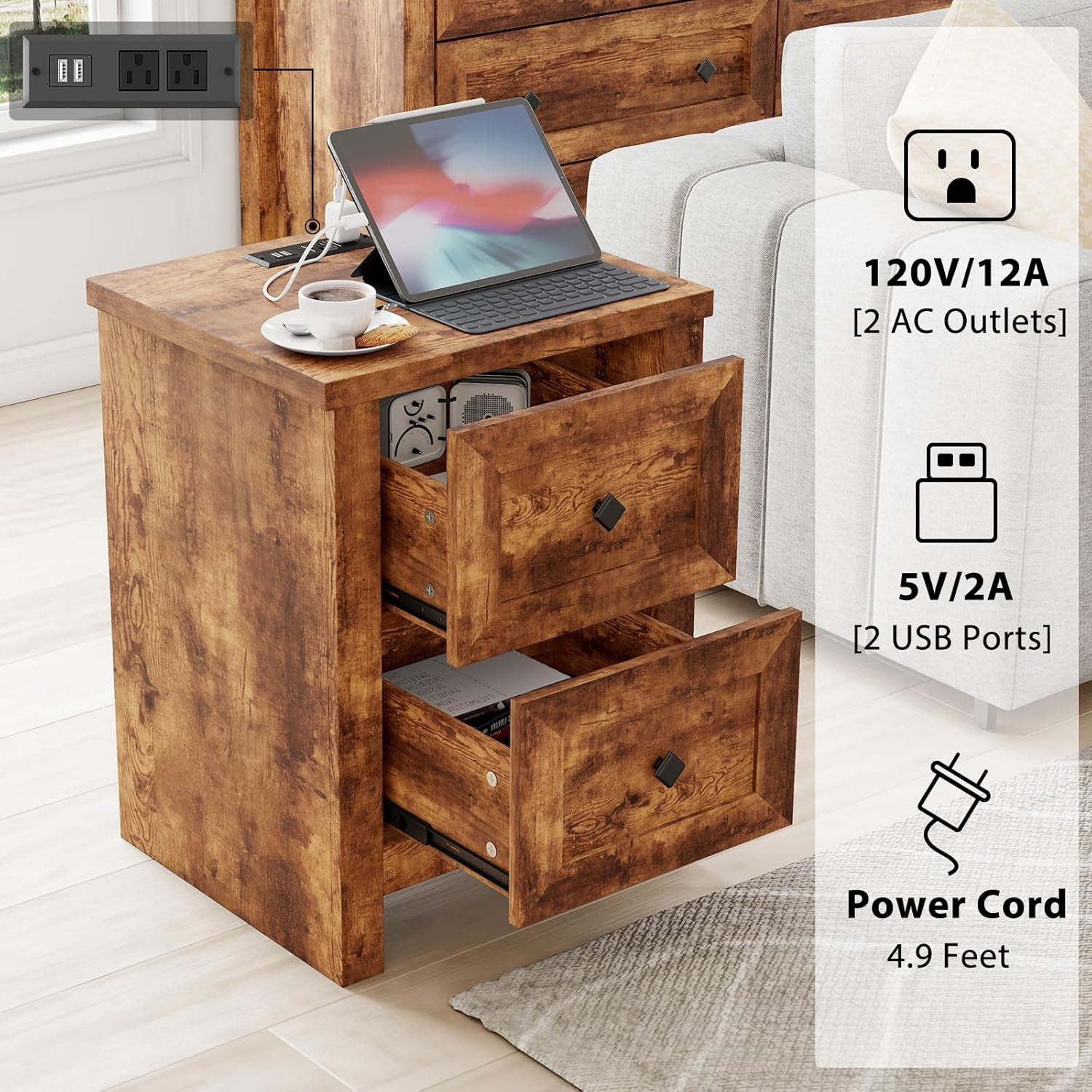Bedroom Dresser and Nightstand 3 Piece Set, 1 X Wood Rustic 6 Drawer Storage Dresser, Nightstand Set of 2 with Charging Station, Farmhouse Bedroom Furniture Set, Rustic Brown