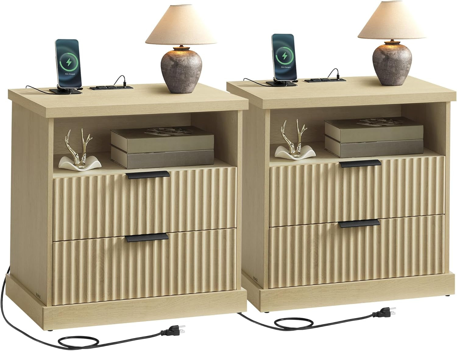 MAXE Collection - Set of 2 Nightstands with Charging Station, Bedside Table, Side End Table with 2 Drawers, Open Shelf, 2 AC Outlets, 2 USB Ports, Transitional, Bedroom, Oak Beige ULET926Y01
