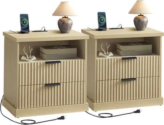 MAXE Collection - Set of 2 Nightstands with Charging Station, Bedside Table, Side End Table with 2 Drawers, Open Shelf, 2 AC Outlets, 2 USB Ports, Transitional, Bedroom, Oak Beige ULET926Y01