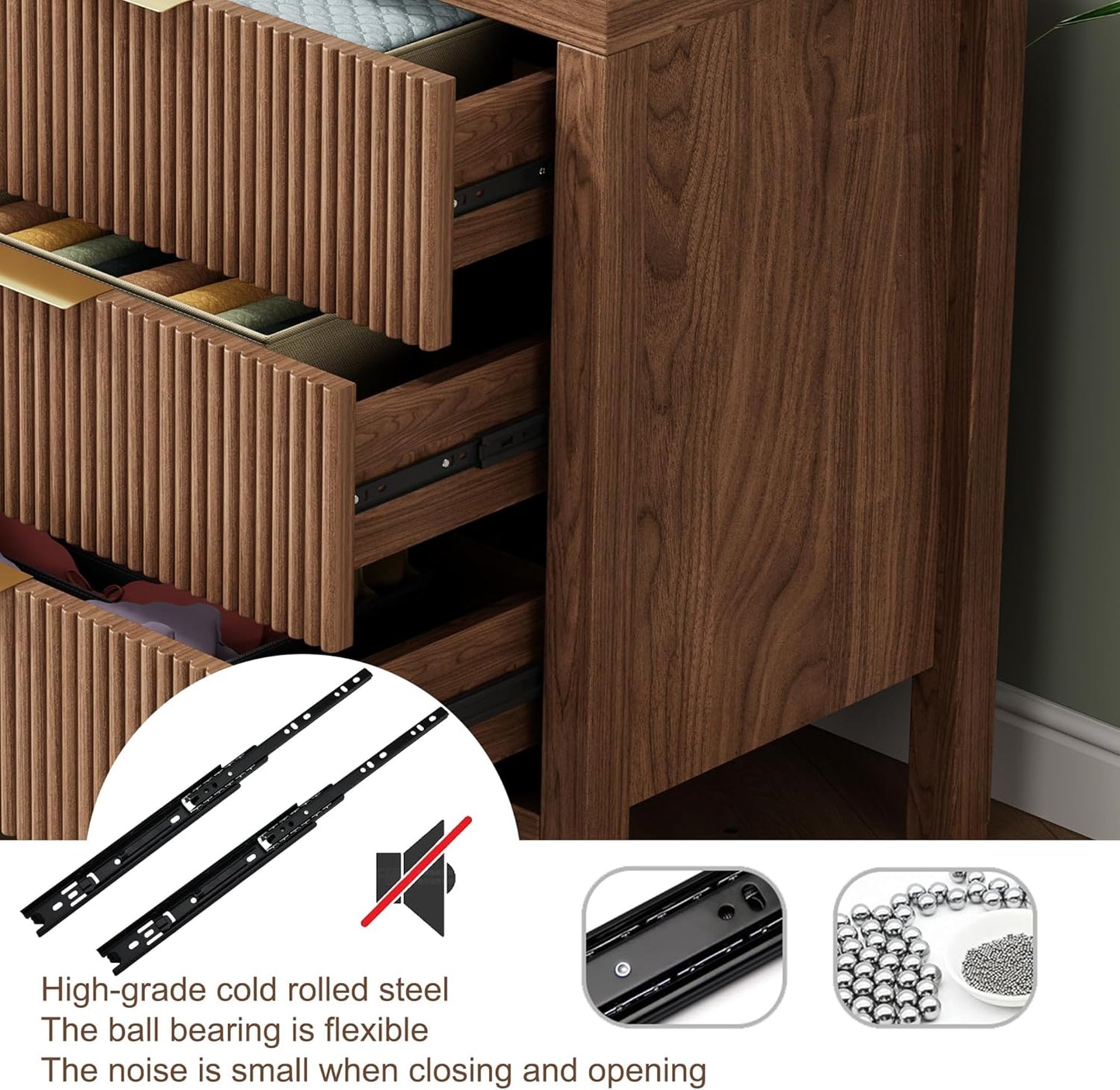 Fluted Nightstands Set of 2, Wooden Farmhouse Night Stands with 6 Drawer Bedside Table - Boho Tall End Table Accent Table for Bedroom, Living Room, Walnut