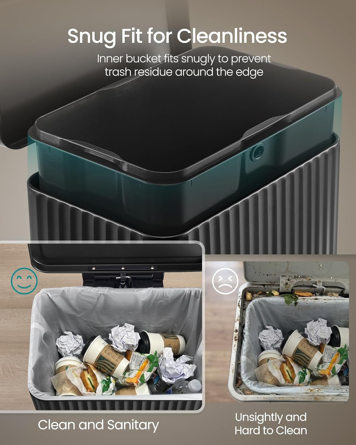 Trash Can, 13 Gallon (50 L) Garbage Can for Kitchen, with Lid, Pedal, and Removable Inner Bucket, Soft Close, Stainless Steel, 15 Trash Bags (Code K) Included, Ink Black ULTB586BZ01