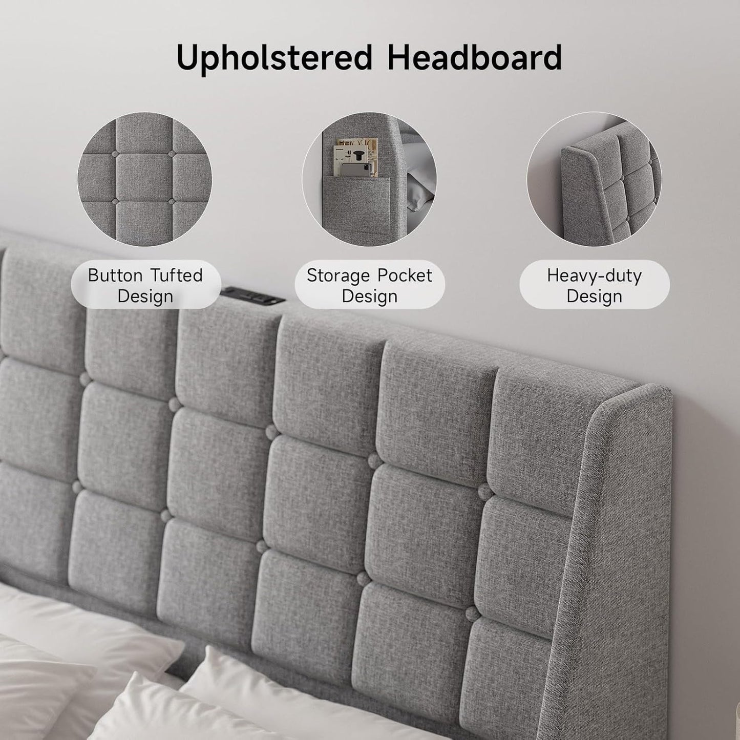 Ergonomic Upholstered Headboard Queen Size W/Charging Station, Linen Wingback Headboards W/Storage Pocket, Queen Headboard Only, Bed Frame Adapters, Sturdy Stable Solid Wood Bed Head Board, Light Grey