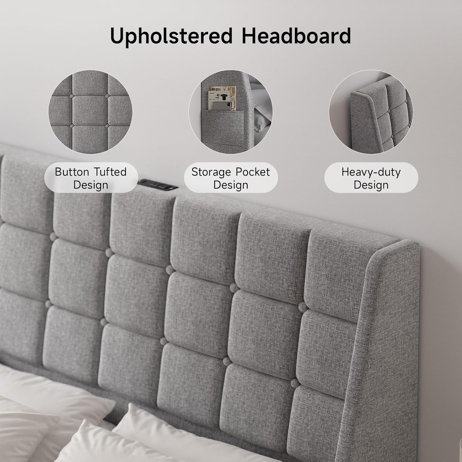 Ergonomic Upholstered Headboard Queen Size W/Charging Station, Linen Wingback Headboards W/Storage Pocket, Queen Headboard Only, Bed Frame Adapters, Sturdy Stable Solid Wood Bed Head Board, Light Grey