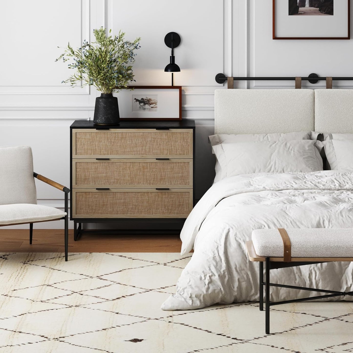 Kova Boho Dresser or Storage Cabinet with Drawers for Bedroom or Nursery with Textilene Rattan Accent and Metal Legs, Black Oak