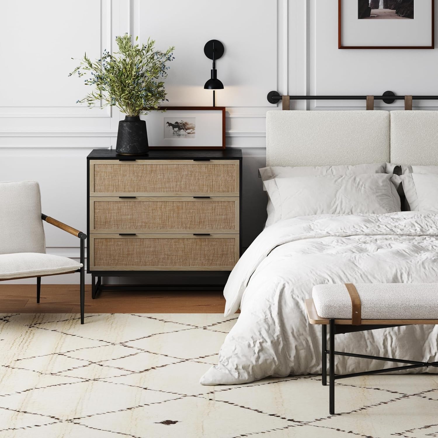Kova Boho Dresser or Storage Cabinet with Drawers for Bedroom or Nursery with Textilene Rattan Accent and Metal Legs, Black Oak
