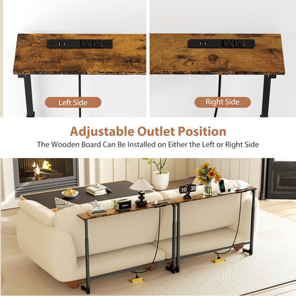 2 Pack Adjustable Height Narrow Console Table with Power Outlets, 78.7" Long Sofa Table with Charging Station behind Couch Table Entryway Table for Living Room and Hallway – Rustic Brown